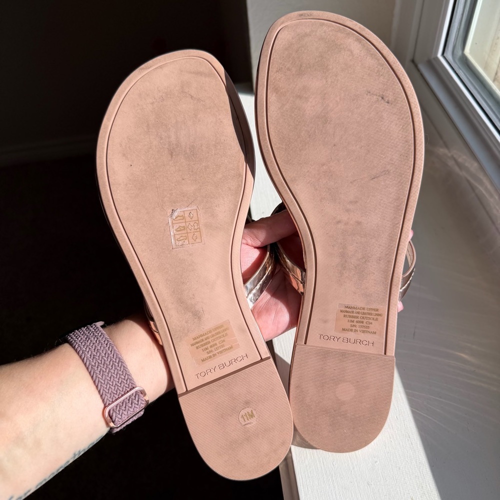 Tory Burch Rose Gold Mirrored Metallic Patent Leather Miller Sandal - Picture 12 of 13
